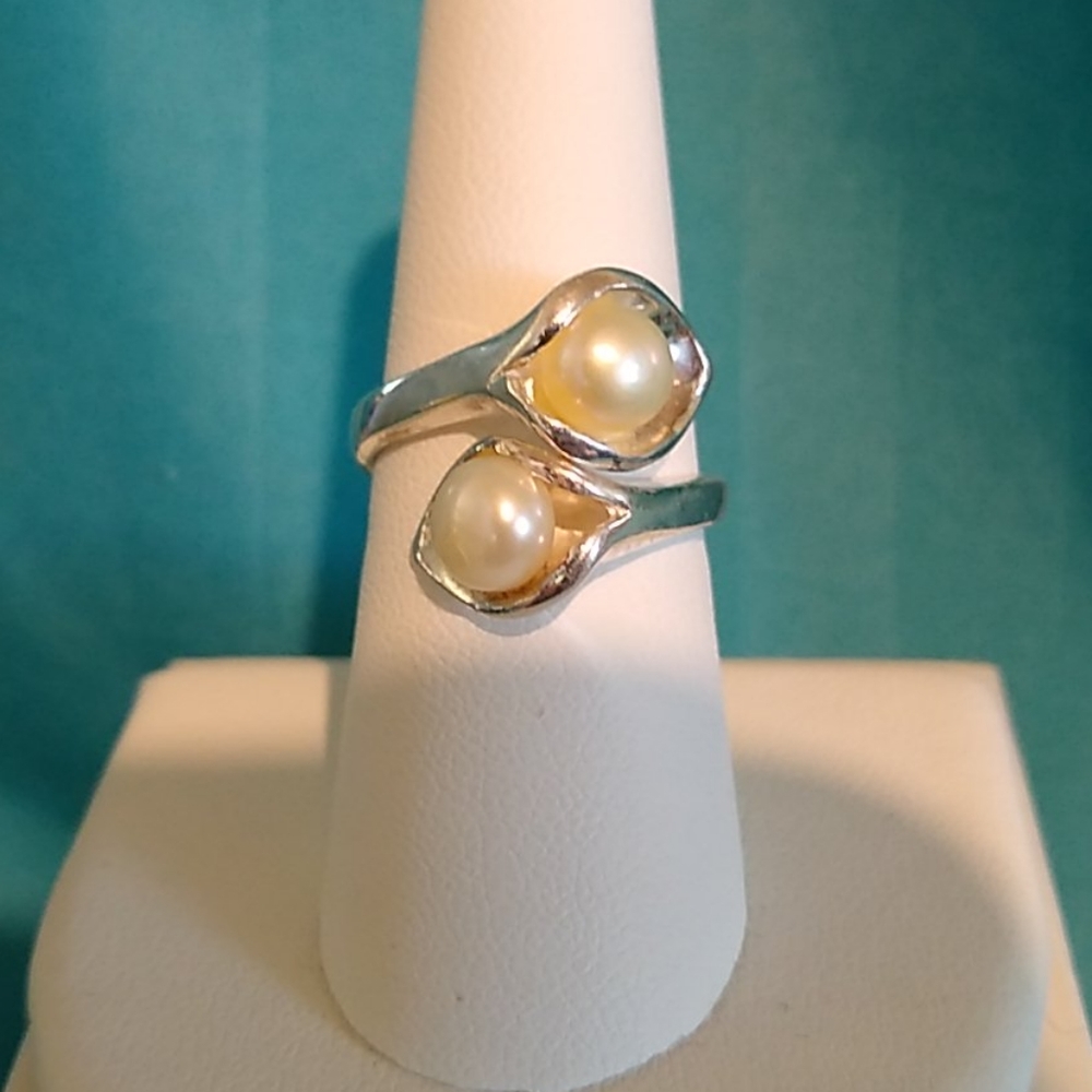 Sterling Silver Double Pearl Wrap Around Ring